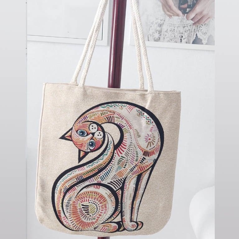 Kediler Desen Goblen Dokuma Kumaş Heybe Çanta 35x55cm Kırlent Kılıfı