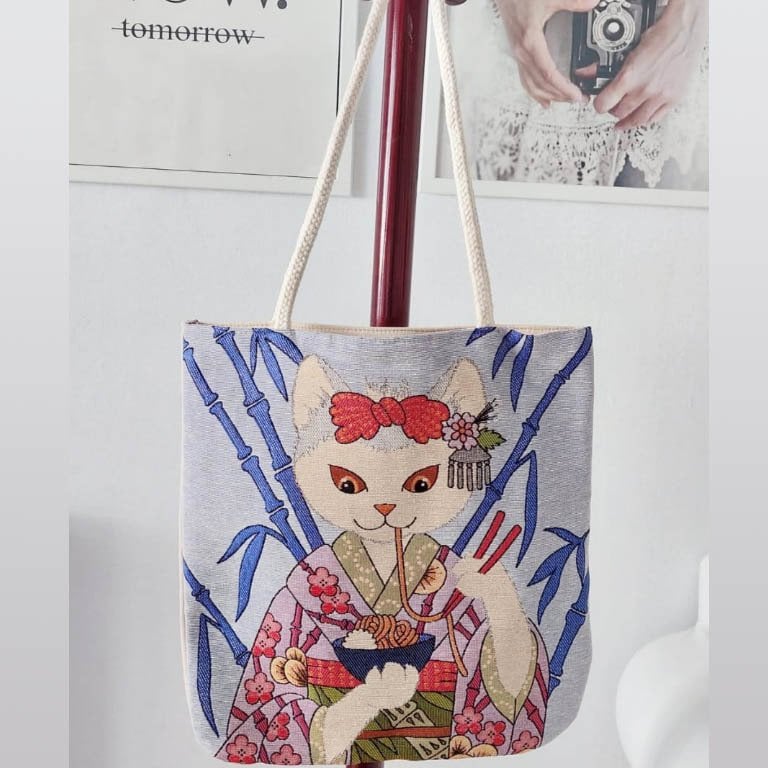 Kedili Desen Goblen Dokuma Kumaş Heybe Çanta