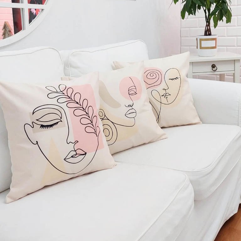 Calm Faces Temalı Kırlent Kılıfı 3'lü Kombin Set