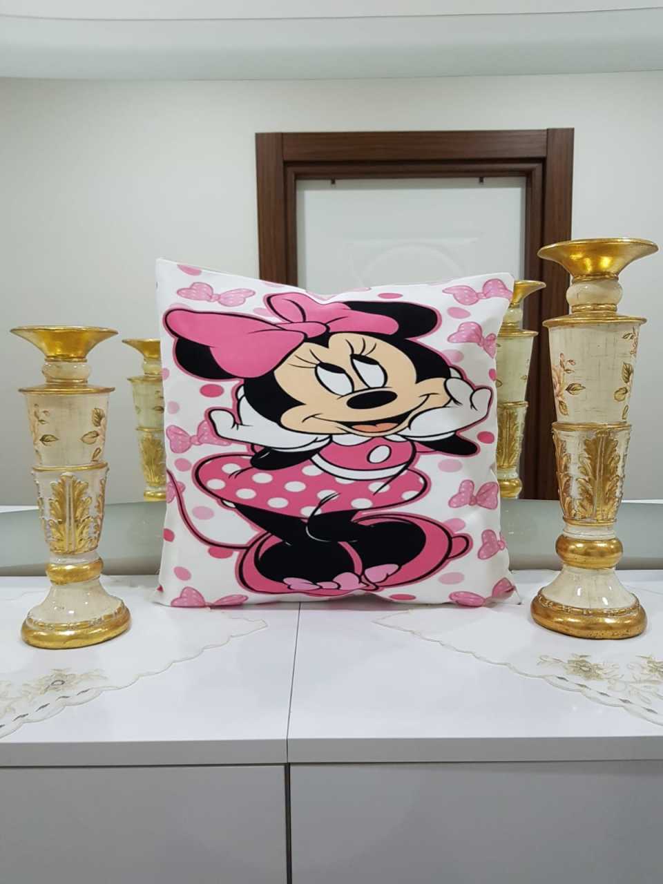Pembe & Siyah Mini Mouse Desenli Kırlent Kılıfı