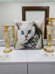 Mavi Gözlü Kedi Resimli Dekoratif Kırlent Kılıfı