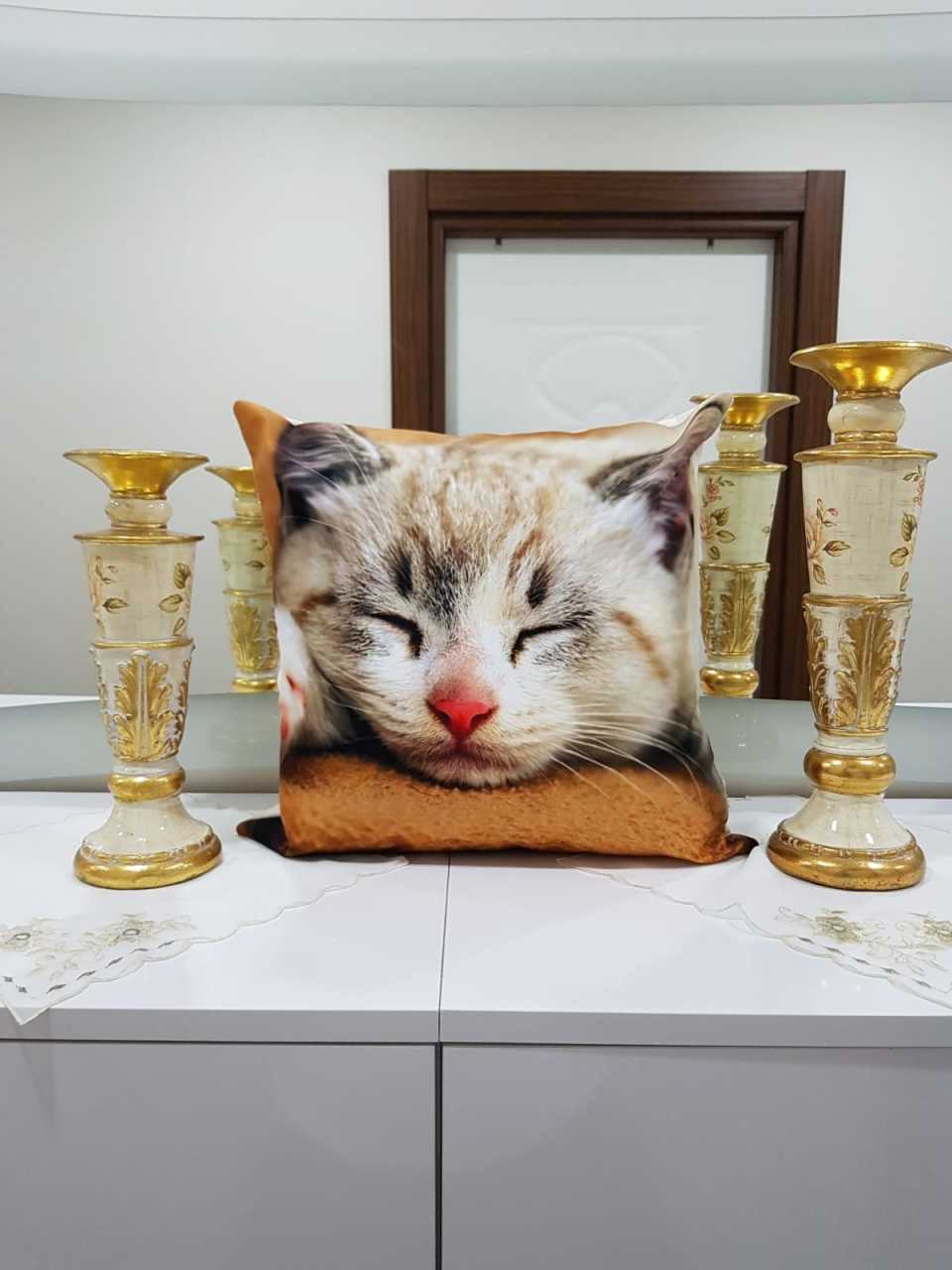 Krem & Kahverengi Uyuyan Kedi Desenli Dekoratif Kırlent Kılıfı