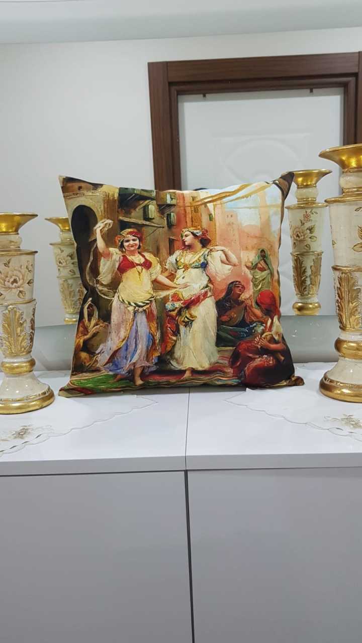 Kahverengi & Renkli Dansözler Osmanlı Desenli Dekoratif Kırlent Kılıfı