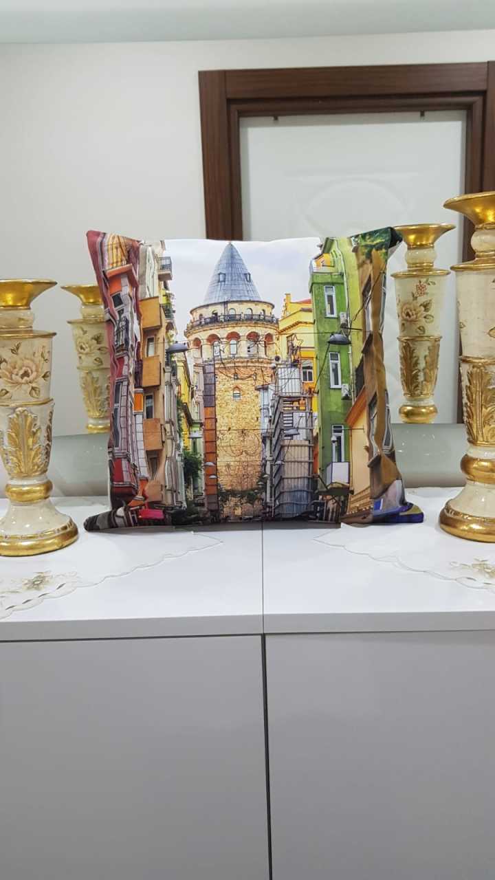 Kahverengi & Renkli Galata Kulesi Manzara Desenli Dekoratif Kırlent Kılıfı