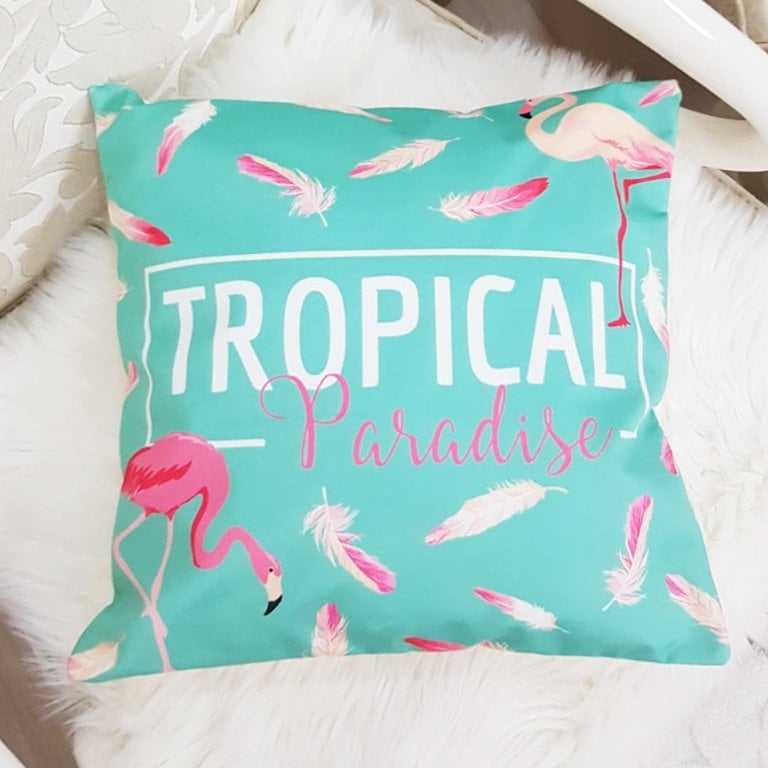 Yeşil & Pembe Tropical Paradise Flamingo Desenli Dekoratif Kırlent Kılıfı