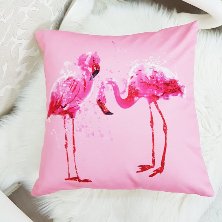 Pembe Zemin İkili Flamingo Desenli Dekoratif Kırlent Kılıfı