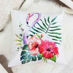 Beyaz & Renkli Su Çiçeği Flamingo Desenli Dekoratif Kırlent Kılıfı