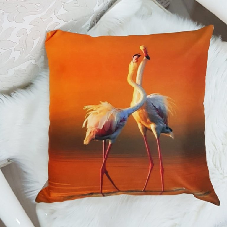 Renkli Gün Batımı İkili Flamingo Desenli Dekoratif Kırlent Kılıfı