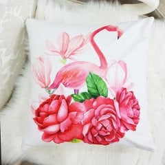 Beyaz Üç Çiçekli Flamingo Desenli Dekoratif Kırlent Kılıfı