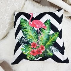 Siyah & Beyaz Zig Zak Flamingo Desenli Dekoratif Kırlent Kılıfı