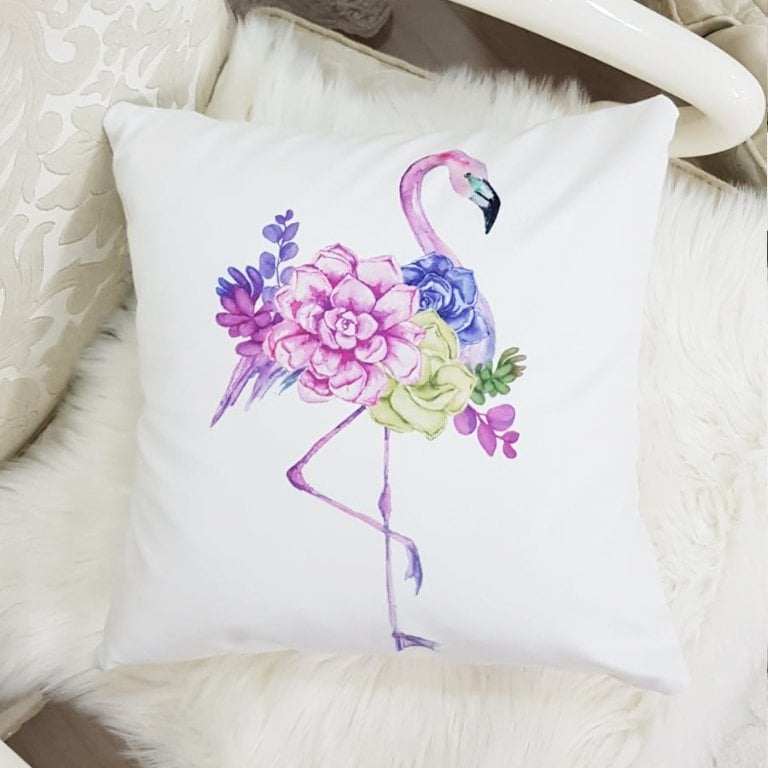 Beyaz & Lila Çiçekli Flamingo Desenli Dekoratif Kırlent Kılıfı
