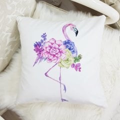 Beyaz & Lila Çiçekli Flamingo Desenli Dekoratif Kırlent Kılıfı