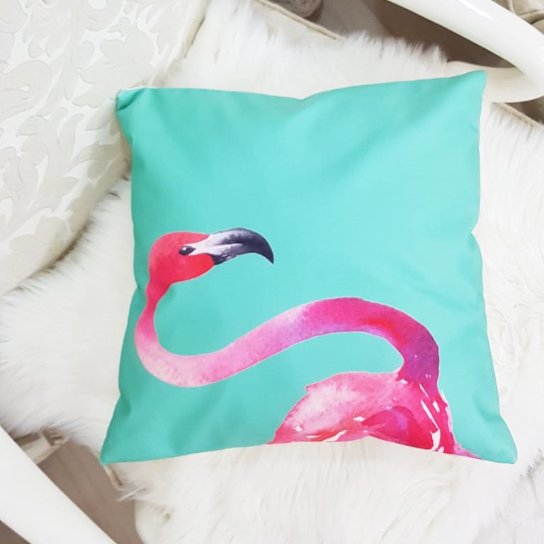 Yeşil & Pembe Başlı Flamingo Desenli Dekoratif Kırlent Kılıfı