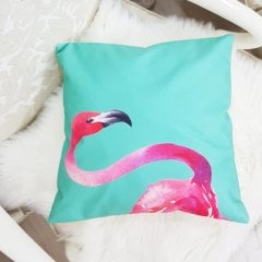 Yeşil & Pembe Başlı Flamingo Desenli Dekoratif Kırlent Kılıfı