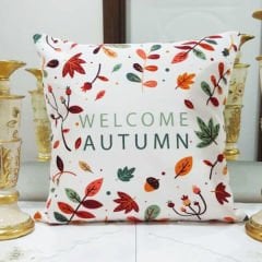 Renkli Welcome Autumn Renkli Yapraklar Sonbahar Desenli Kırlent Kılıfı