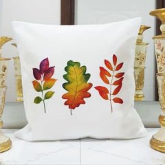 Renkli & Beyaz Üçlü Renkli Yapraklı Sonbahar Desenli Kırlent Kılıfı