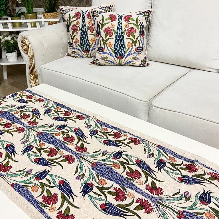 Goblen Dokuma Kırlent Kılıfı ve Runner 2+1 Set