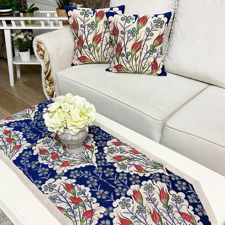 Goblen Dokuma Kırlent Kılıfı ve Runner 2+1 Set