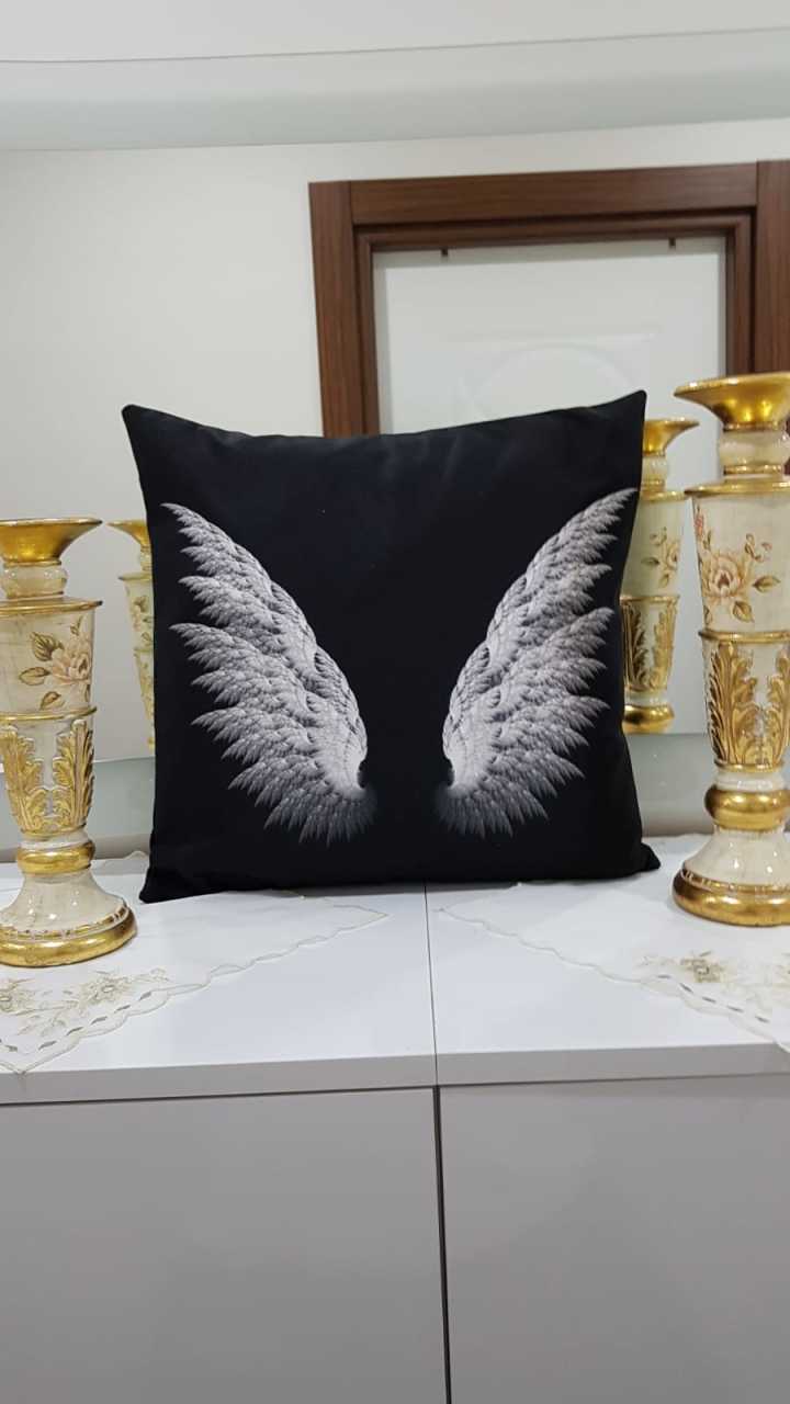 Siyah & Beyaz Melek Kanadı Modern Desenli Dekoratif Kırlent Kılıfı