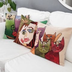 Goblen Dokuma Kırlent Kılıfı 3lü Kedili Kombin Set