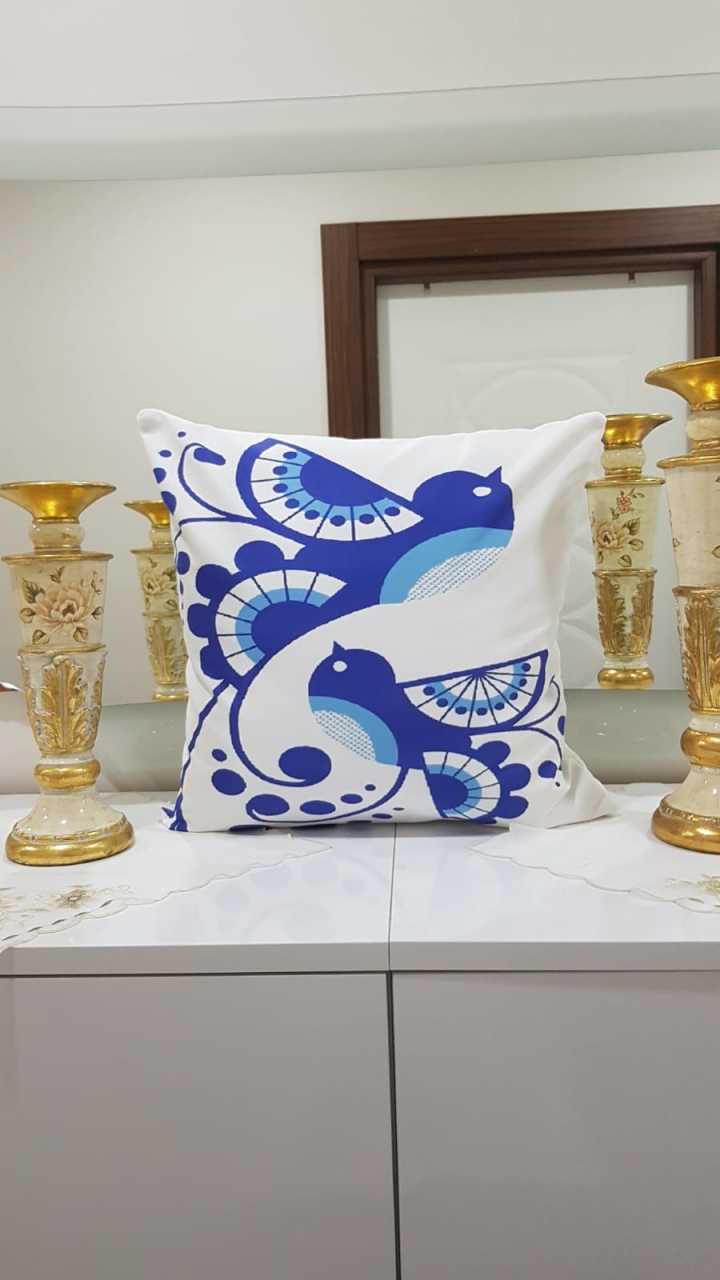 Mavi & Beyaz 2 li Kuş Motifli Çini Desenli Dekoratif Kırlent Kılıfı