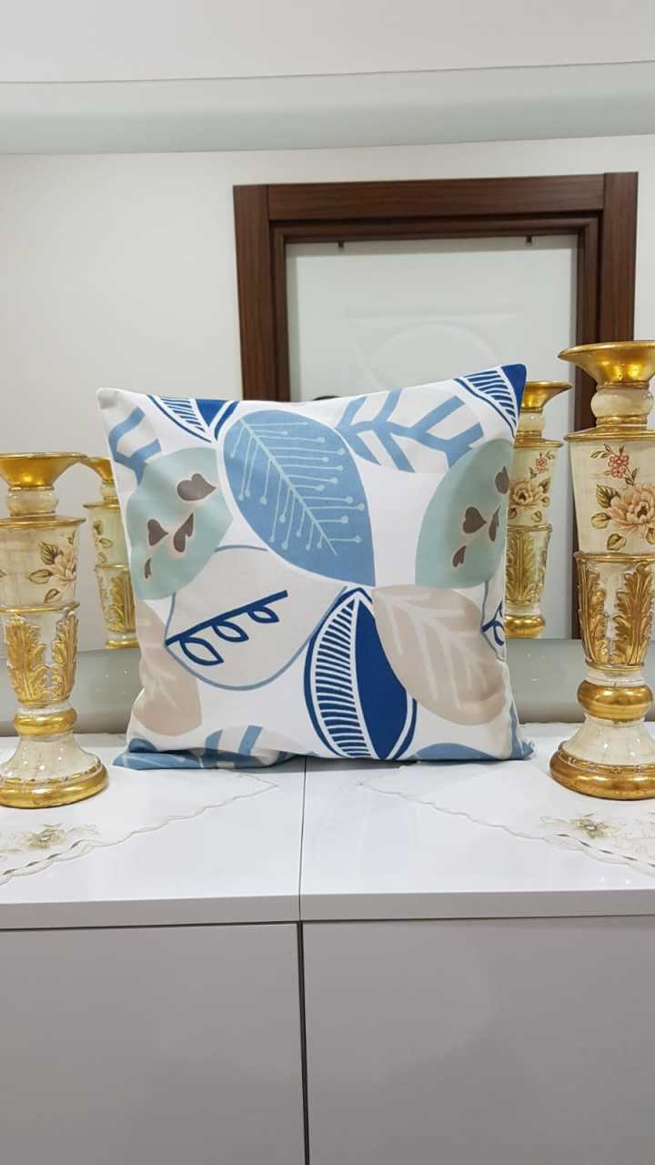 Turkuaz & Gri Soft Yapraklar Bahar Desenli Dekoratif Kırlent Kılıfı
