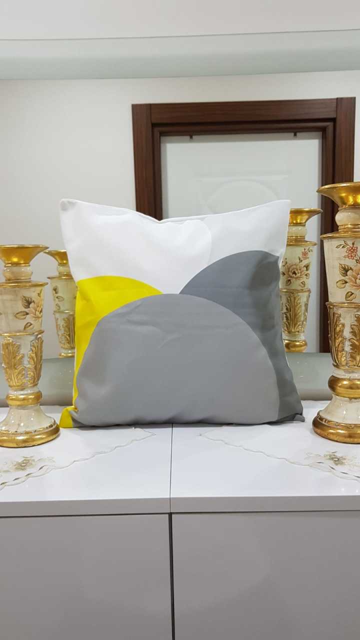 Sarı & Gri Geometrik Yarım Daire Bahar Desenli Dekoratif Kırlent Kılıfı