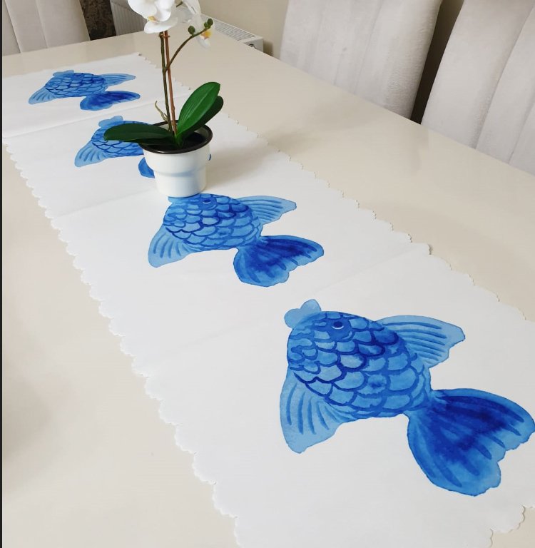 Marin Mavi Balık Dekoratif Runner Örtü 40x140cm