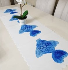 Marin Mavi Balık Dekoratif Runner Örtü 40x140cm