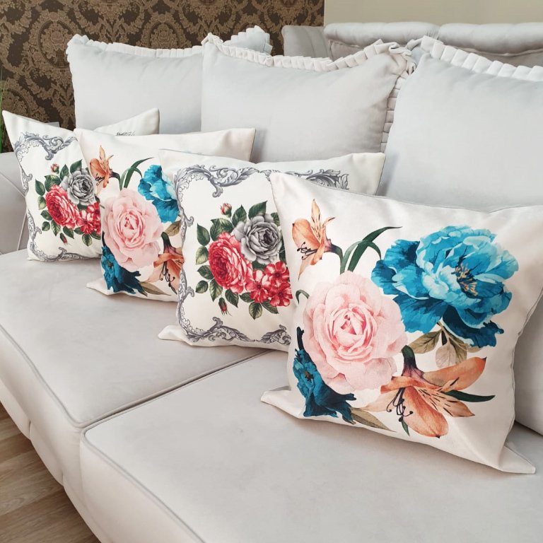 Çiçekli Desen Kırlent Kılıfı 4lü Kombin Set