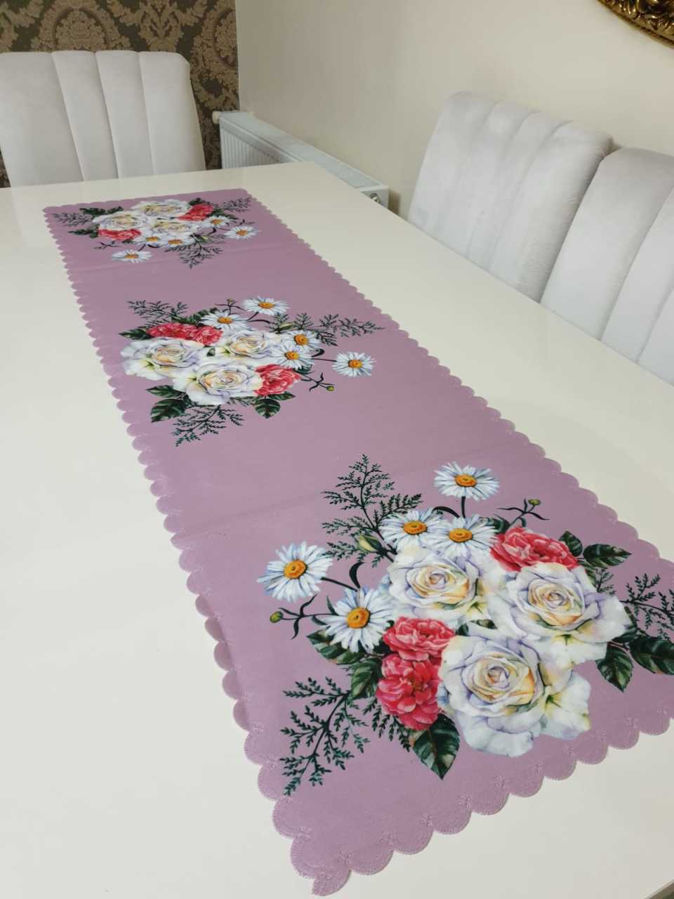 Lila Desenli Çiçekli - Papatya Çiçek Dekoratif Runner Örtü