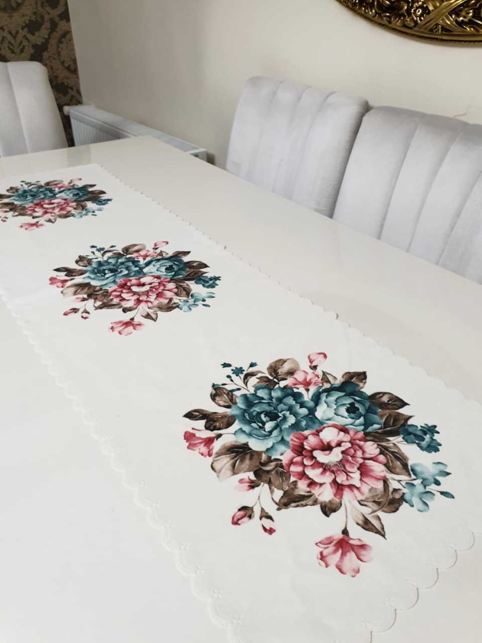 Mavi & Kiremit Desenli Çiçekli - Kaz Dağları Dekoratif Runner Örtü