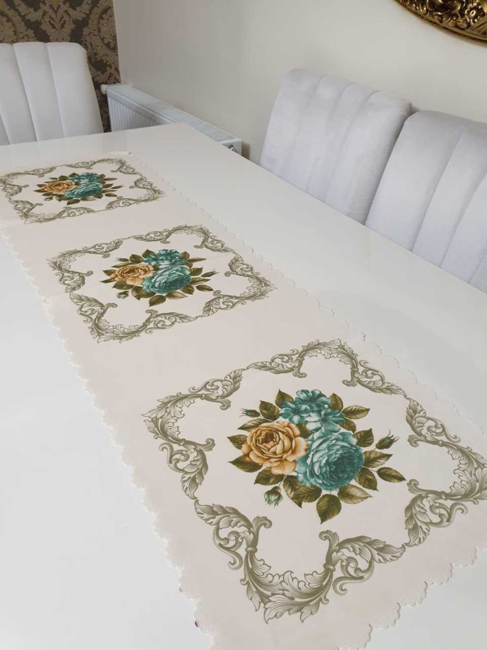Sarı& Mint Yeşili Desenli Çiçekli - Asos Çiçek Dekoratif Runner Örtü