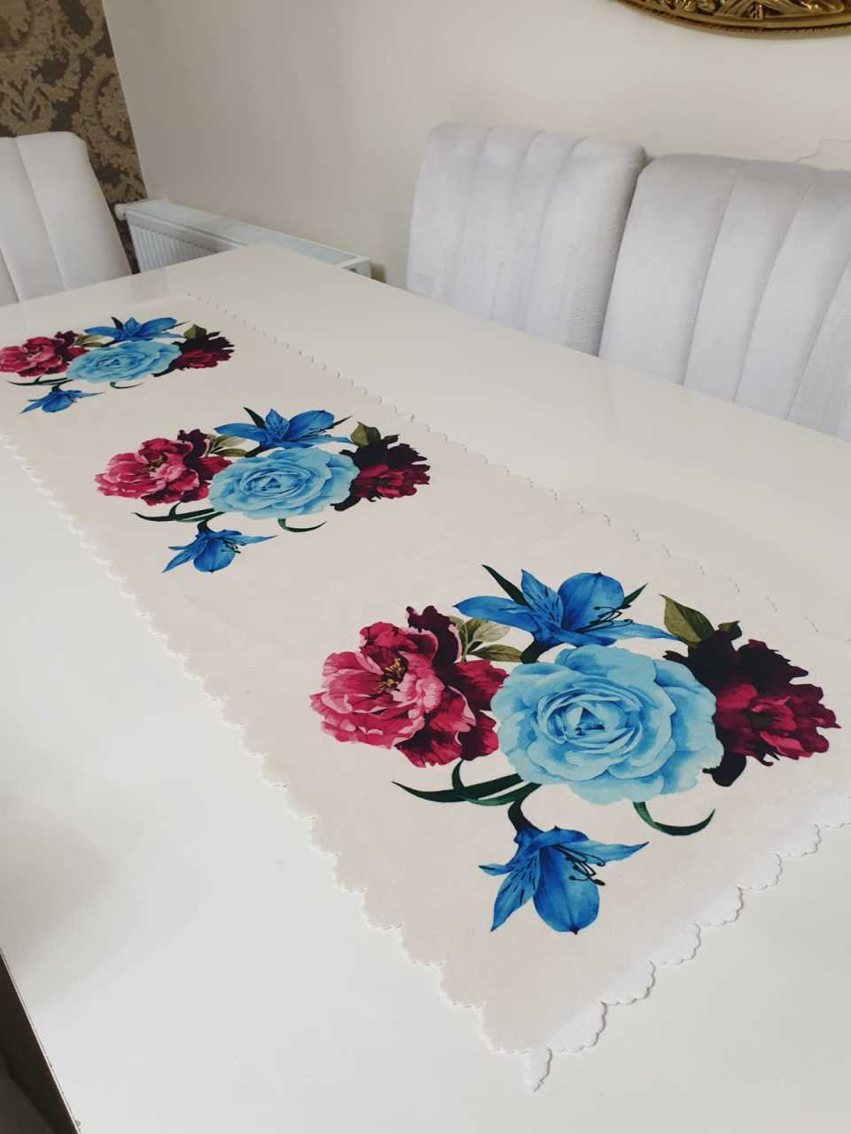 Mor & Mavi Desenli Çiçekli - Sarı Kız Çiçek Dekoratif Runner Örtü