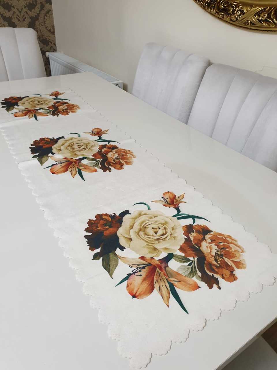 Kiremit & Sarı Desenli Çiçekli - Sarı Kız Çiçek Dekoratif Runner Örtü