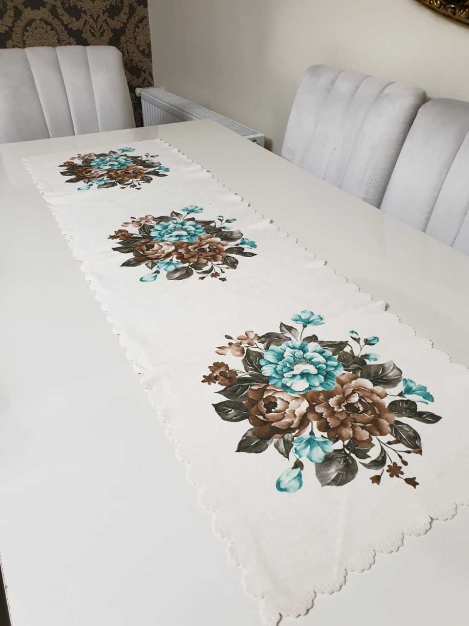 Kahverengi & Mint Desenli Çiçekli - Kaz Dağları Dekoratif Runner Örtü