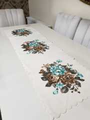 Kahverengi & Mint Desenli Çiçekli - Kaz Dağları Dekoratif Runner Örtü