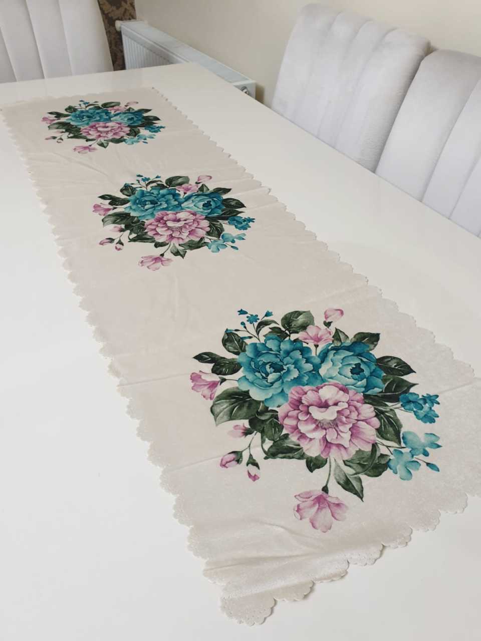 Lila & Mint Desenli Çiçekli - Kaz Dağları Çiçek Dekoratif Runner Örtü
