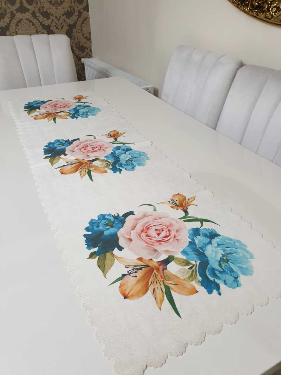 Mavi & Pembe Desenli Çiçekli - Sarı Kız Çiçek Dekoratif Runner Örtü