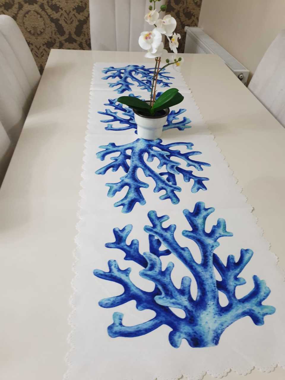 Mavi & Beyaz Deniz Yosunu Marin Model Desenli Dekoratif Runner Örtü