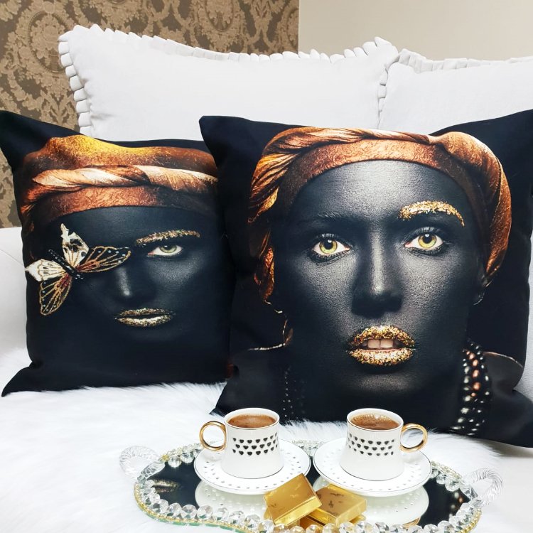 Black Face Desen Kırlent Kılıfı 2li Kombin Set