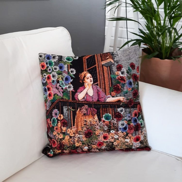 Goblen Dokuma Kırlent Kılıfı Çiçekli Balkon 43x43cm