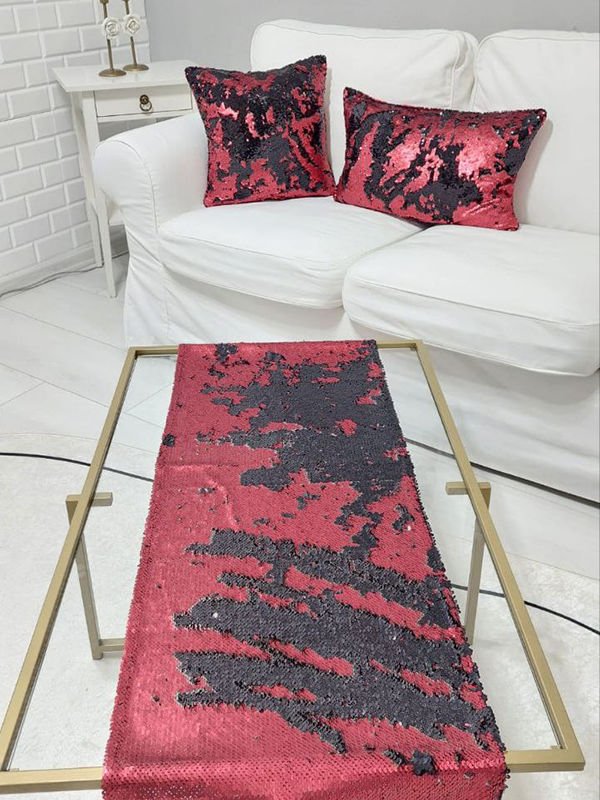 Pul Payetli 5mm Çift Renk Kırlent Kılıfı Runner Kombin Set