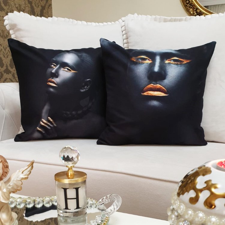Black Face Desen Kırlent Kılıfı 2li Kombin Set