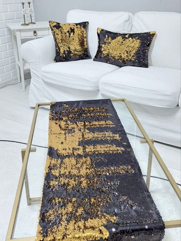 Pul Payetli 5mm Çift Renk Kırlent Kılıfı Runner Kombin Set