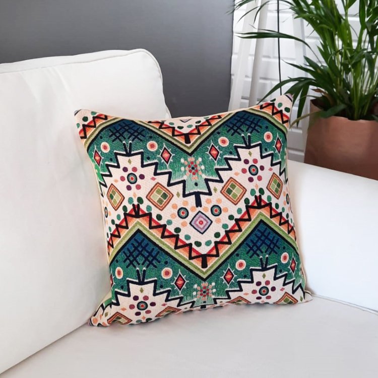 Goblen Dokuma Kırlent Kılıfı Motifli Turkuaz 43x43cm