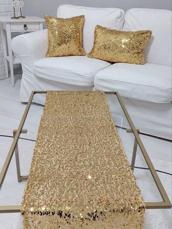 Pul Payetli 6mm Armut Kırlent Kılıfı Runner Kombin Set