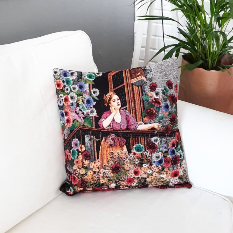 Goblen Dokuma Kırlent Kılıfı Balkondaki Çiçekler 43x43cm