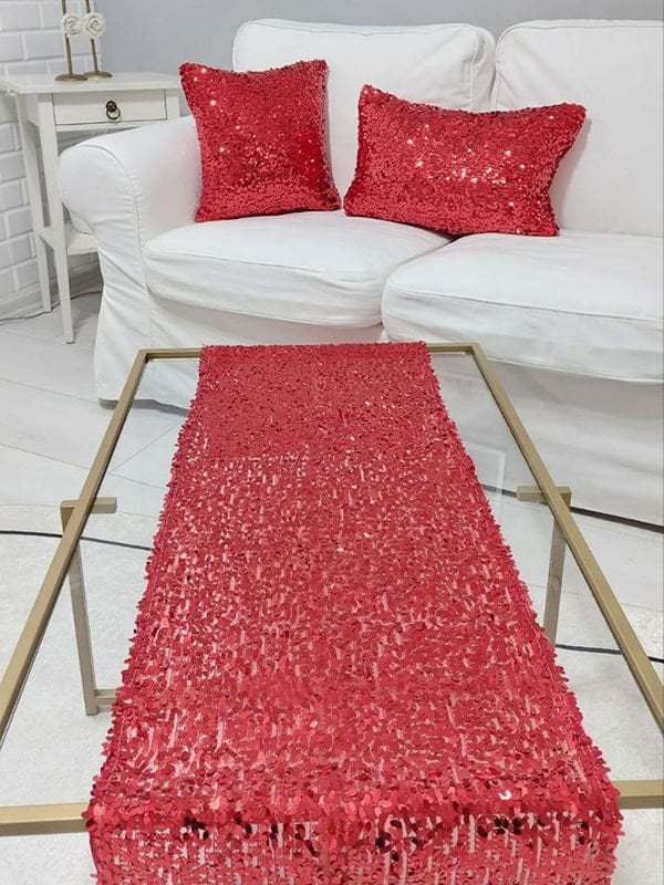Pul Payetli 6mm Armut Kırlent Kılıfı Runner Kombin Set
