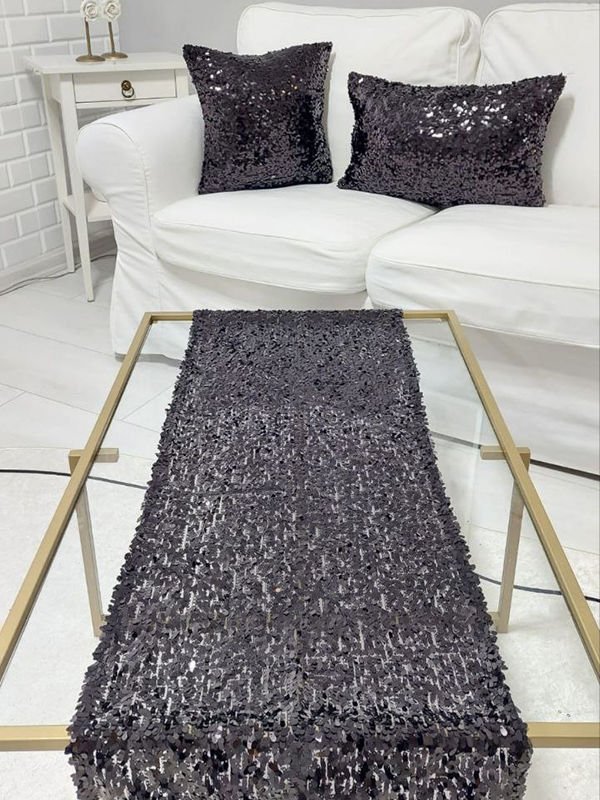 Pul Payetli 6mm Armut Kırlent Kılıfı Runner Kombin Set